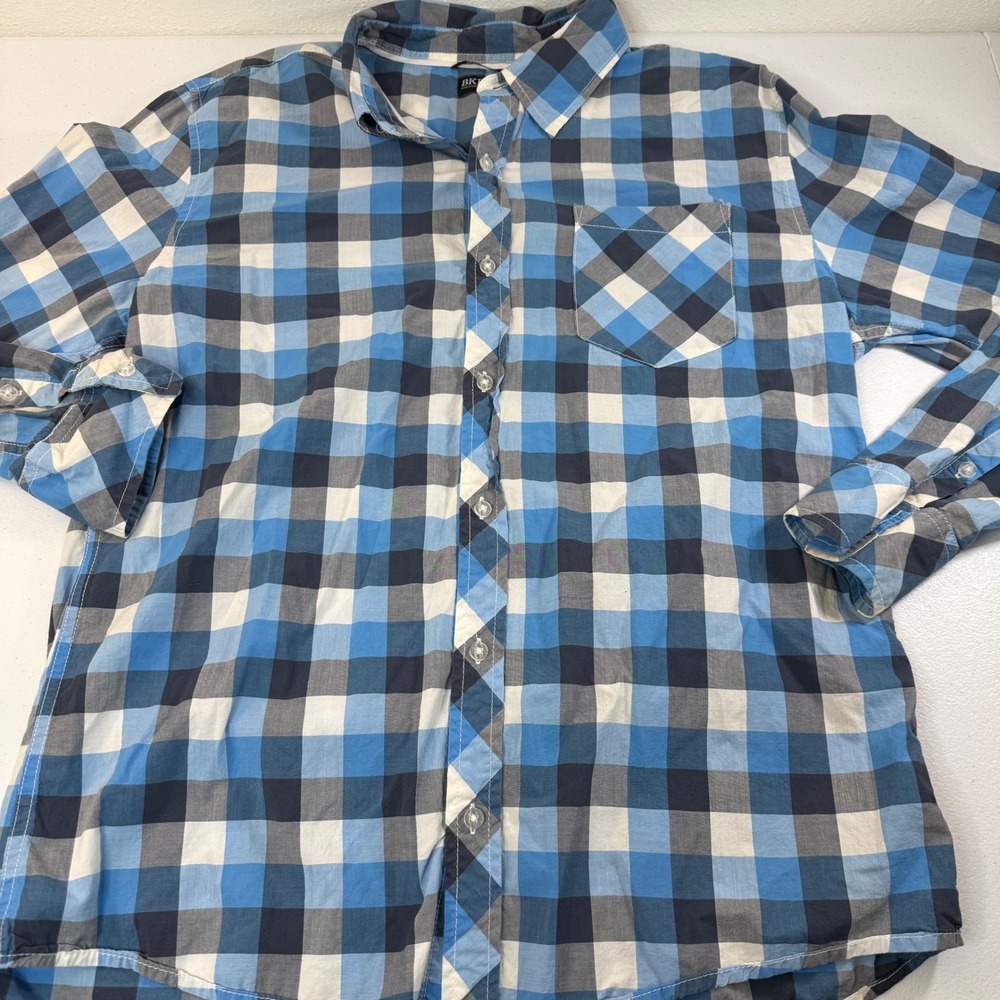 BKE Mens Plaid Long Sleeve Slim Fit Button Up Shirt Blue Gray XL